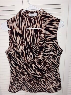 Calvin Klein Brown and Tan Animal Print Drape Neck Sleeveless Top